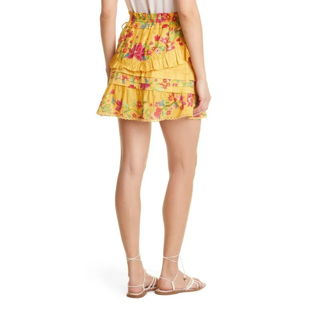 🆕 FARM RIO Flower Dream Tiered Cotton Mini Skirt Yellow Small - Picture 3 of 11